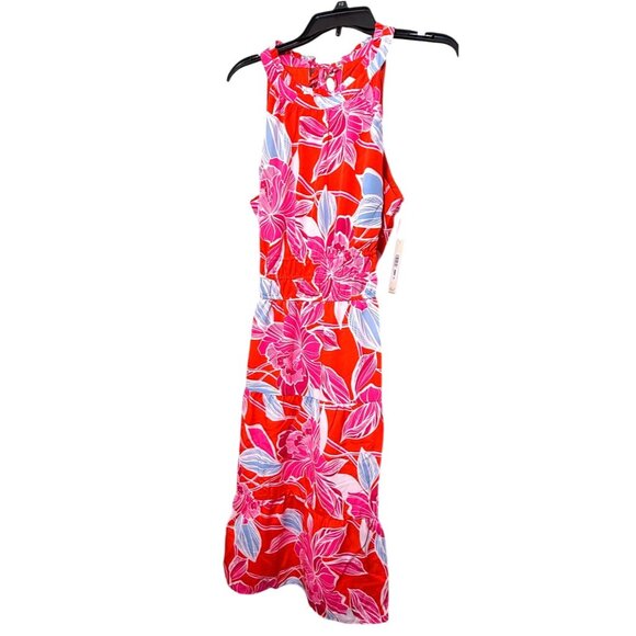 Eliza J Womens Red Pink Poppy Floral Pockets Halter Tiered Midi Dress Sz 12 New - Picture 4 of 8